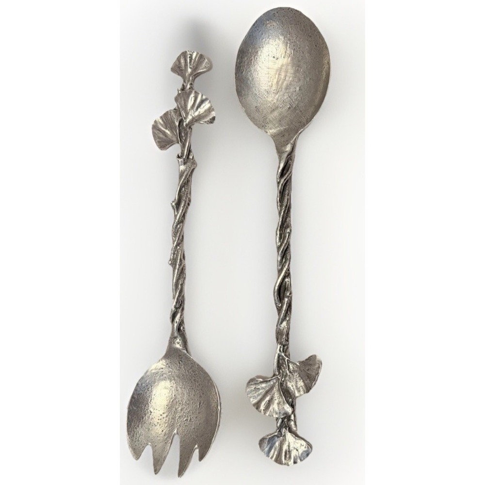 Salad Servers Set Hammered Textured Metal Spoons Large Serving Utensils Retro